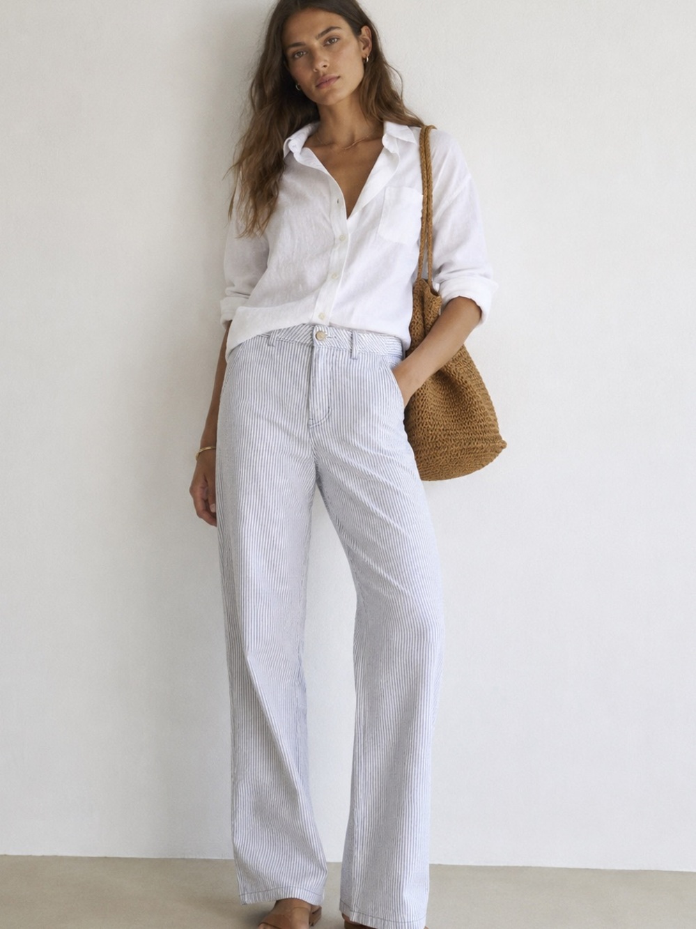 ZARA Striped Straight Leg Pants Size 4 Blue White High Rise